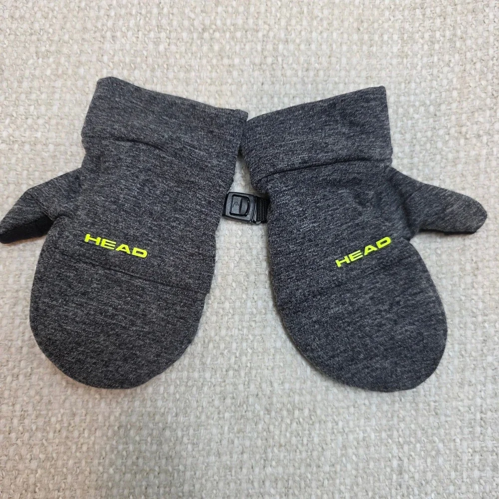 HEAD Toddler Mittens Gray Neon Yellow Textured Grip Winter Gloves Clip 6.5 Inch